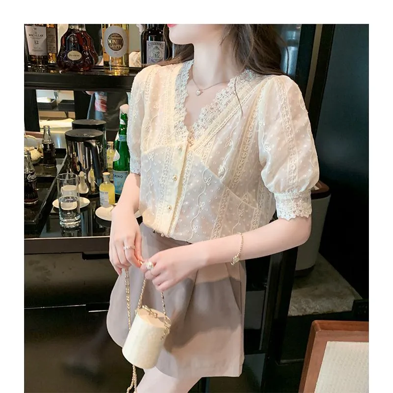 French Style Lace Bubble Sleeve V-Neck Hollowed-Out Blouse