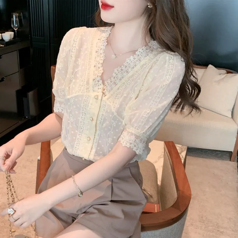 French Style Lace Bubble Sleeve V-Neck Hollowed-Out Blouse