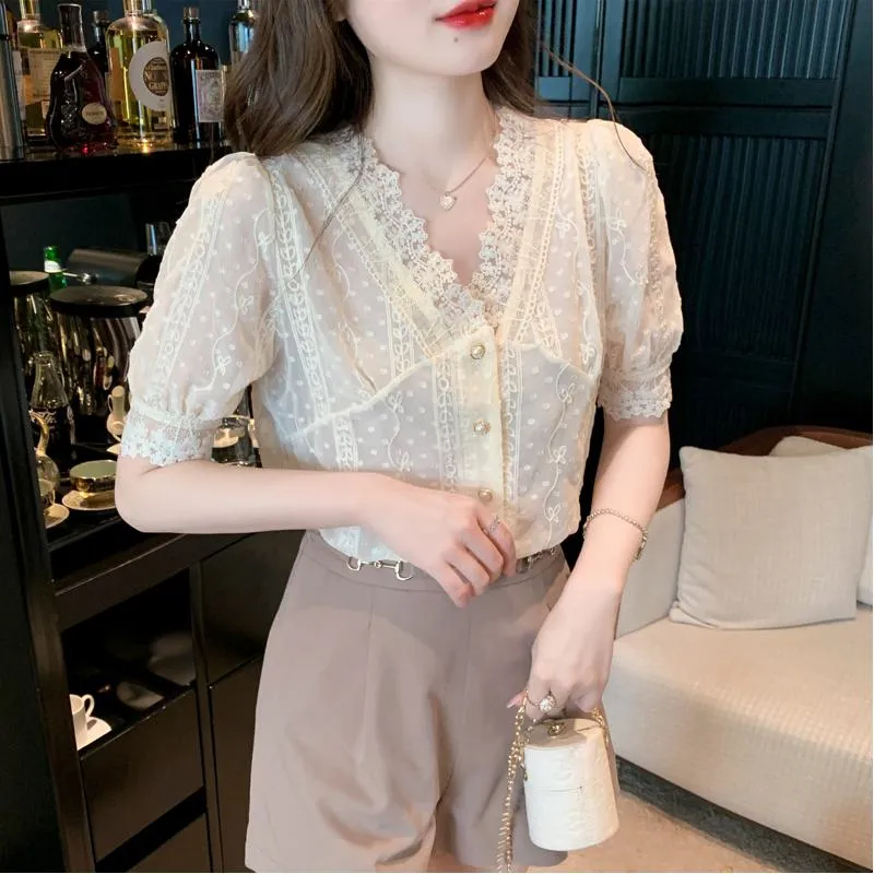 French Style Lace Bubble Sleeve V-Neck Hollowed-Out Blouse