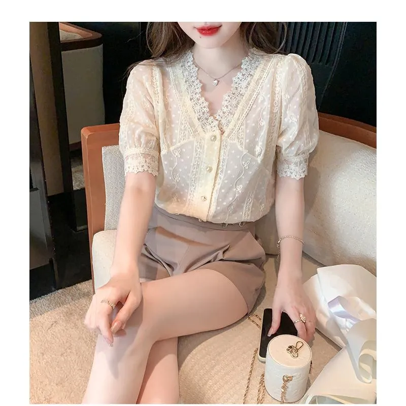 French Style Lace Bubble Sleeve V-Neck Hollowed-Out Blouse