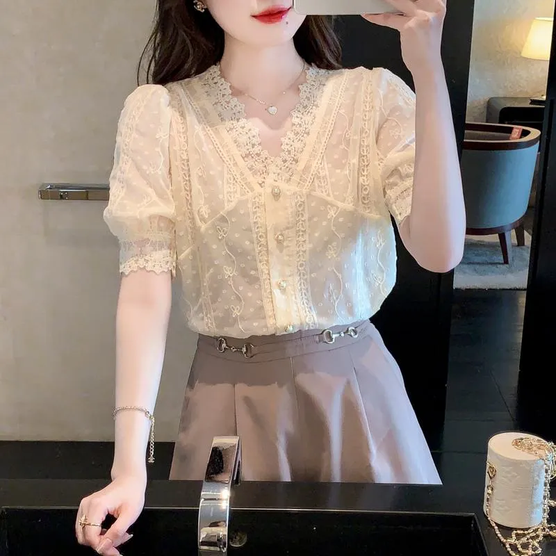 French Style Lace Bubble Sleeve V-Neck Hollowed-Out Blouse