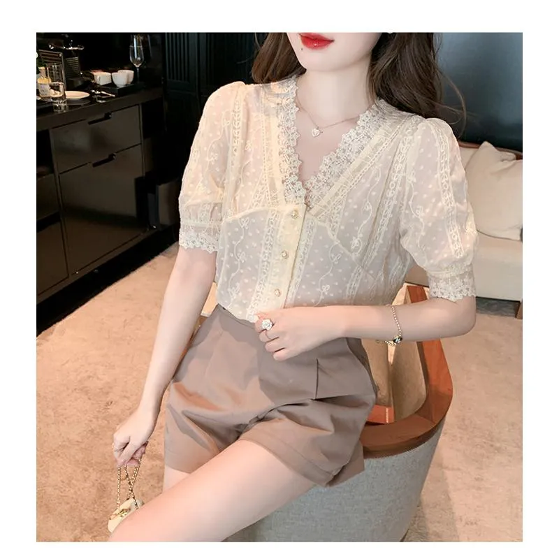 French Style Lace Bubble Sleeve V-Neck Hollowed-Out Blouse