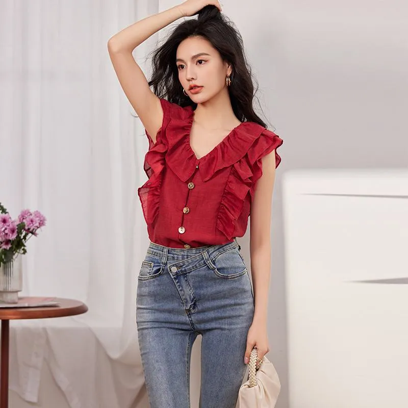 French Style Ruffle Trim V-Neck Sleeveless Blouse