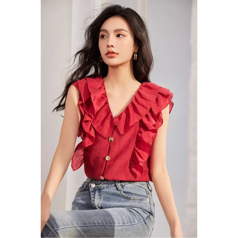 French Style Ruffle Trim V-Neck Sleeveless Blouse