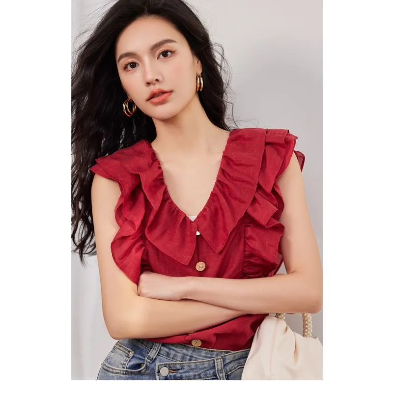 French Style Ruffle Trim V-Neck Sleeveless Blouse