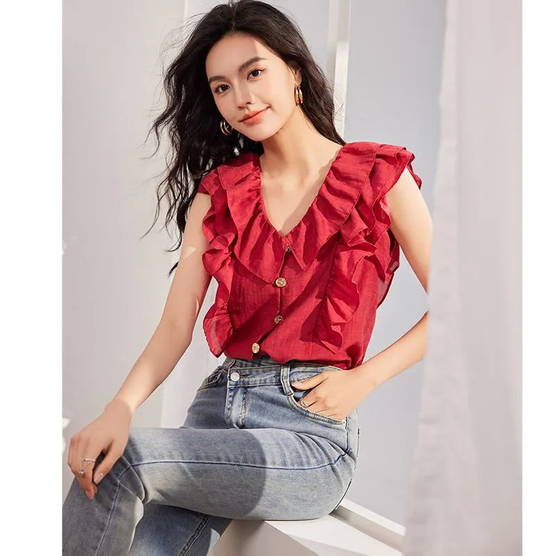 French Style Ruffle Trim V-Neck Sleeveless Blouse