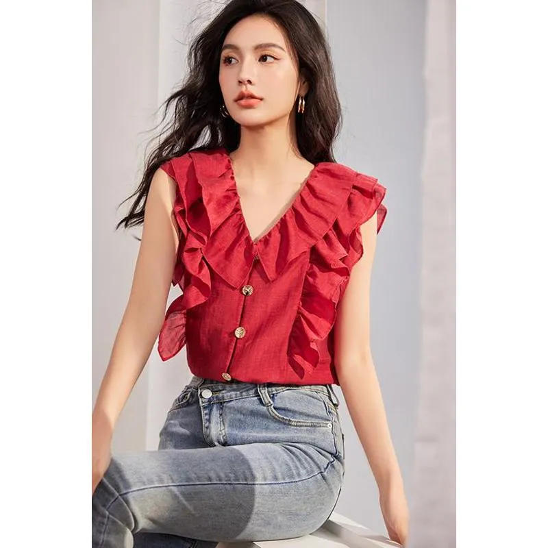 French Style Ruffle Trim V-Neck Sleeveless Blouse