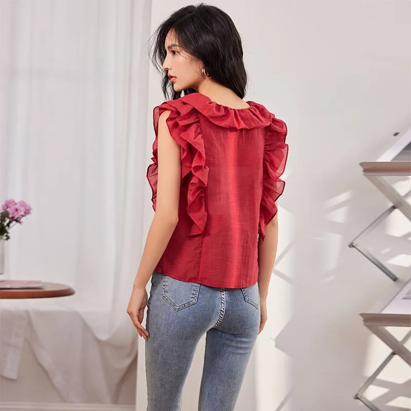 French Style Ruffle Trim V-Neck Sleeveless Blouse