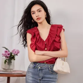 French Style Ruffle Trim V-Neck Sleeveless Blouse