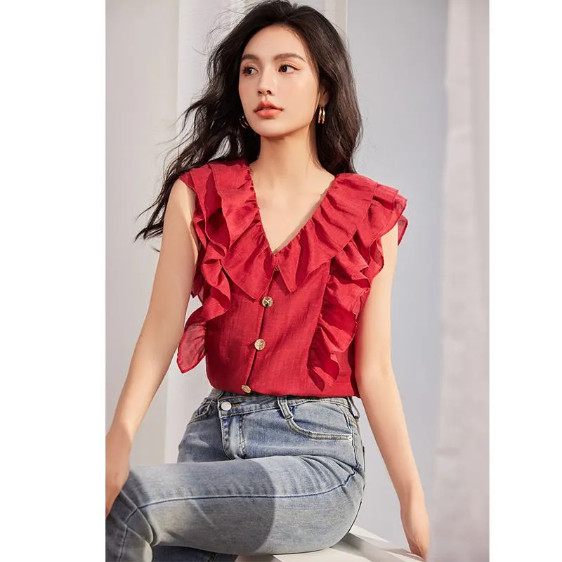 French Style Ruffle Trim V-Neck Sleeveless Blouse