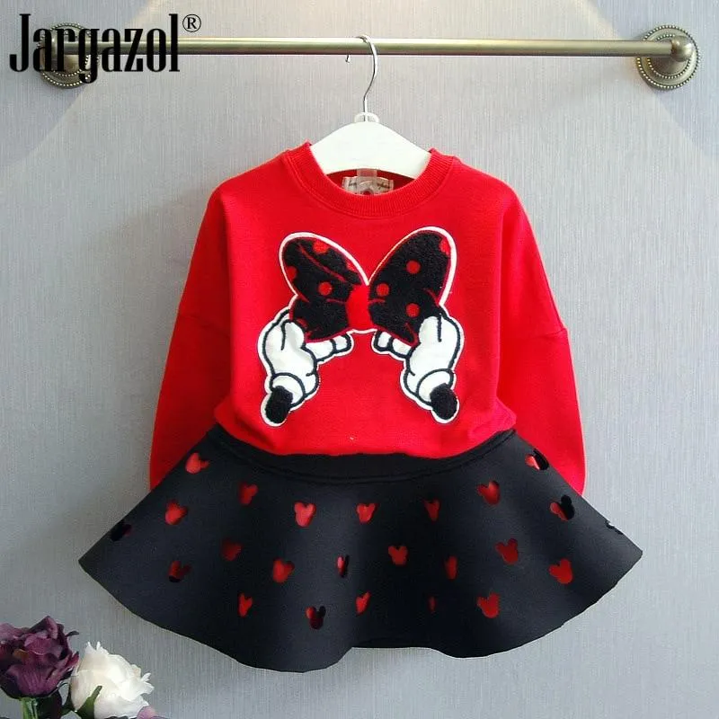 Girls Cartoon Bow Long Sleeve Sweatshirt And Skirt Outfits