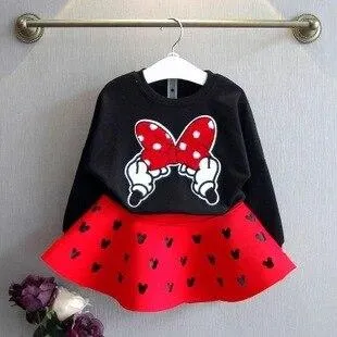 Girls Cartoon Bow Long Sleeve Sweatshirt And Skirt Outfits