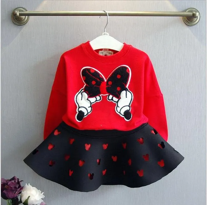 Girls Cartoon Bow Long Sleeve Sweatshirt And Skirt Outfits