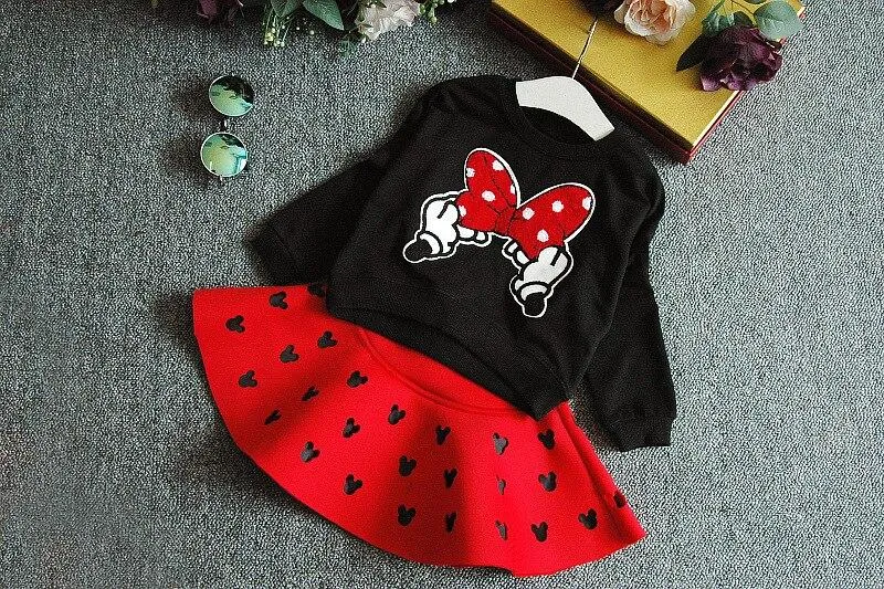 Girls Cartoon Bow Long Sleeve Sweatshirt And Skirt Outfits