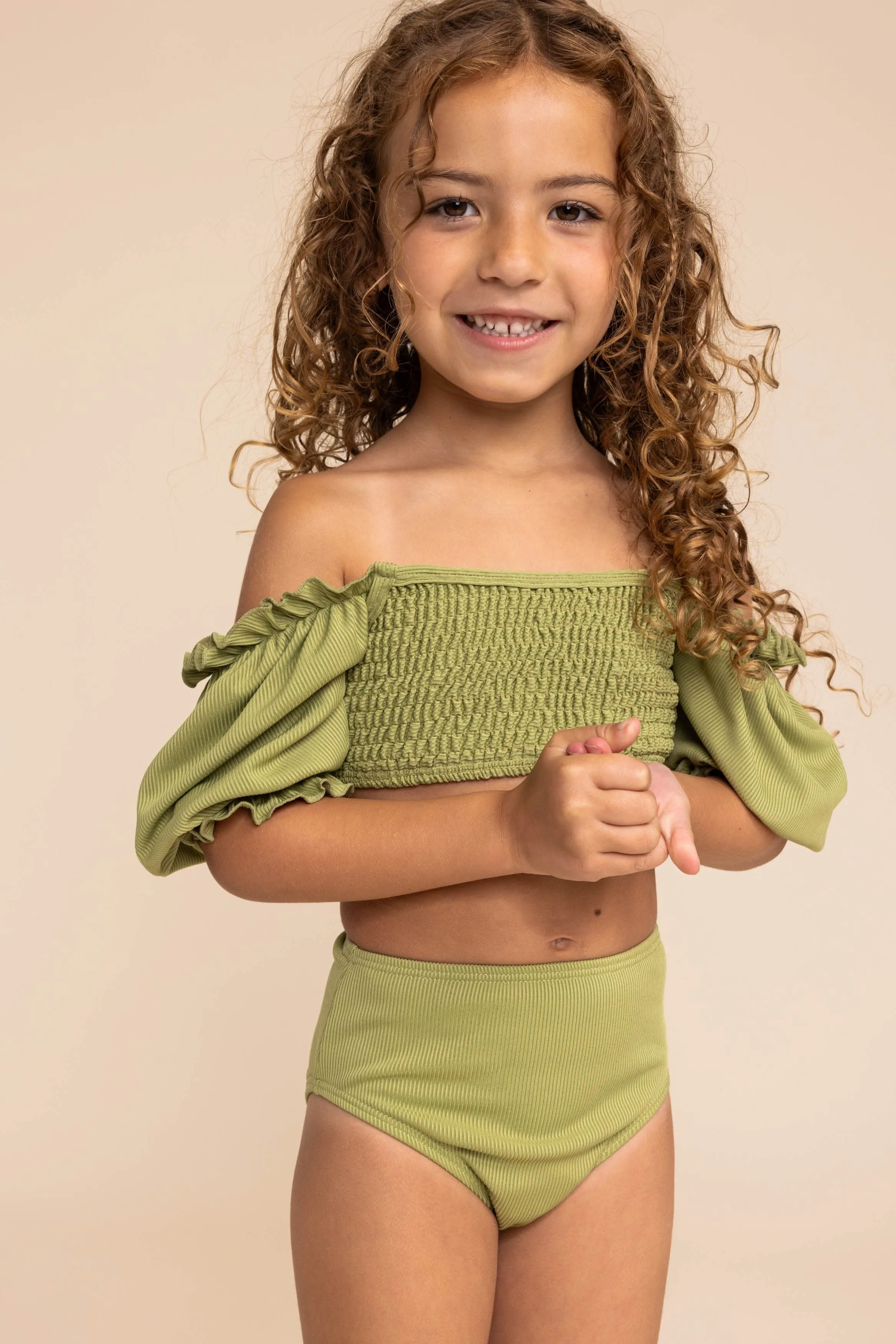 Girl's Sleeved Bikini | Ribbed Green