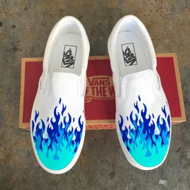 Hot Blue Flame Shoes - Custom Vans White Slip On Shoes