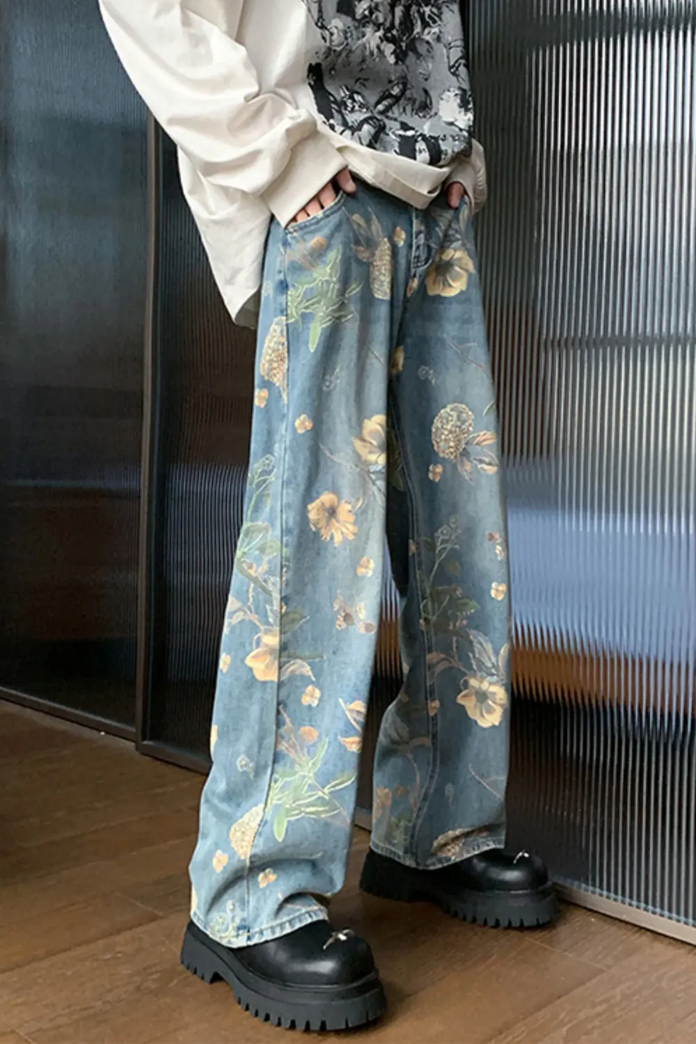 KittenAlarm - High Waist Floral Pattern Long Men Jeans Pants