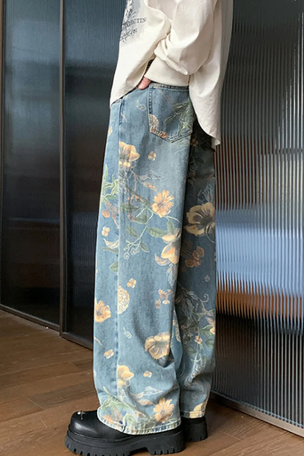 KittenAlarm - High Waist Floral Pattern Long Men Jeans Pants