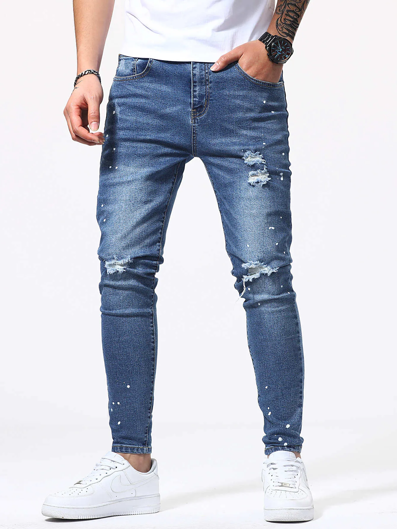 Manfinity Men Paint Splatter Pattern Ripped Jeans