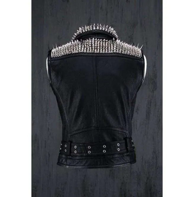 Men Belted Black Leather Vest, Men Biker Studded Jacket