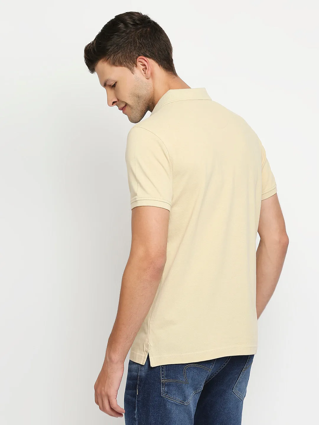 Men Premium Beige Cotton Regular Fit Polo T-Shirt- Underjeans By Spykar