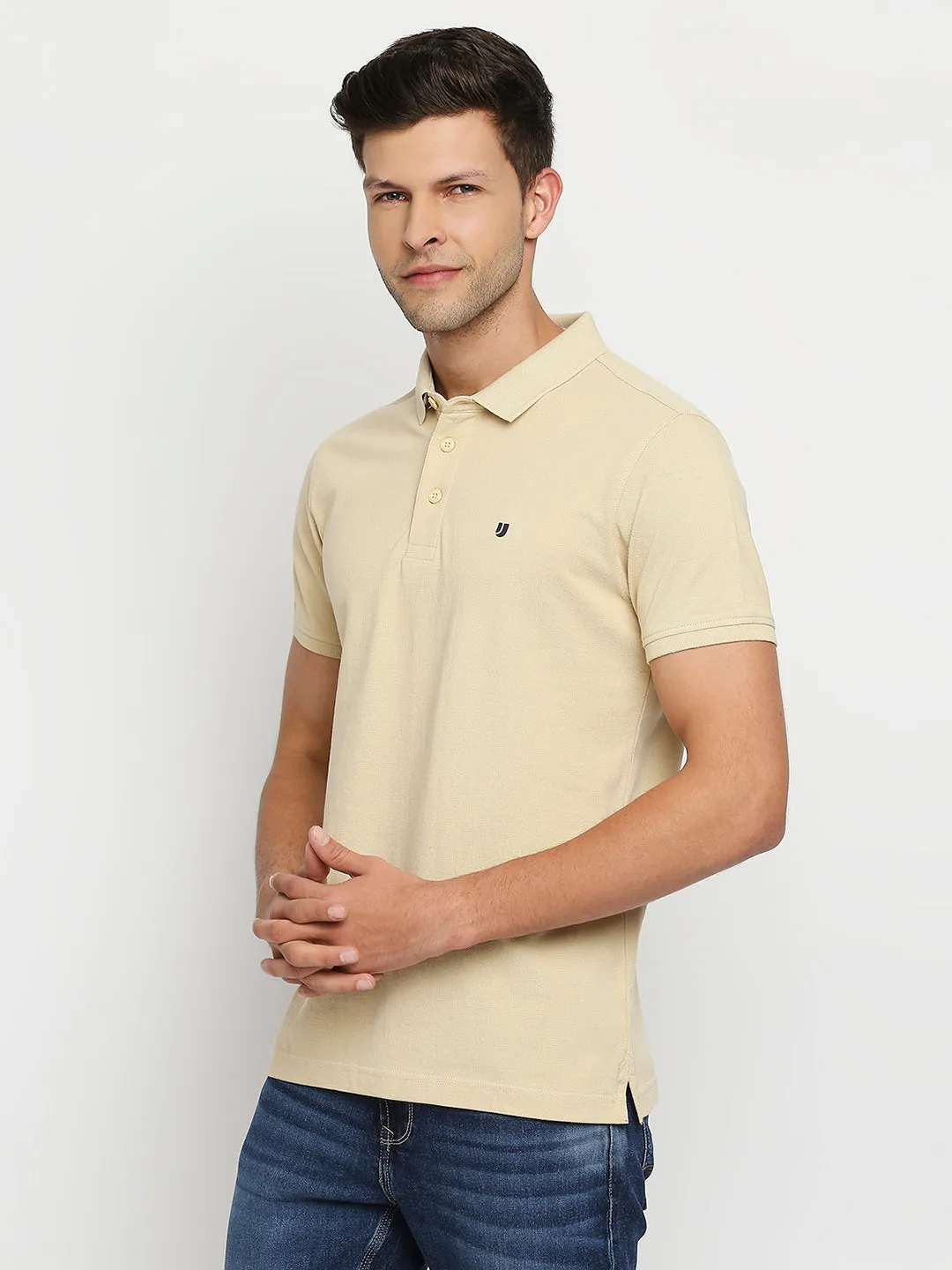 Men Premium Beige Cotton Regular Fit Polo T-Shirt- Underjeans By Spykar