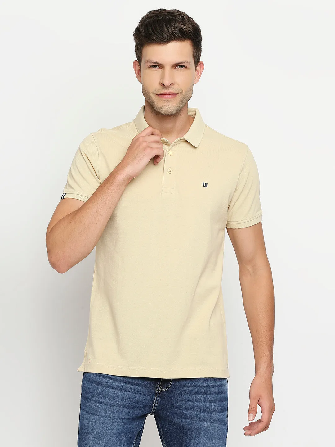 Men Premium Beige Cotton Regular Fit Polo T-Shirt- Underjeans By Spykar