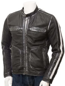 Mens Biker Vintage Motorcycle Quilted Distressed Black, White Strip Leather Jackets