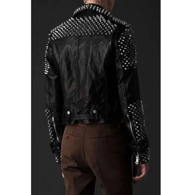 Men's Casual Black Silver Studded Rocker Punk Style Biker Leather Jacket