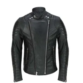 Men’s Vintage Designer Quilted Panel Style Sheep Leather Biker Black Jacket