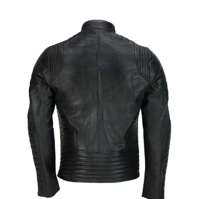 Men’s Vintage Designer Quilted Panel Style Sheep Leather Biker Black Jacket