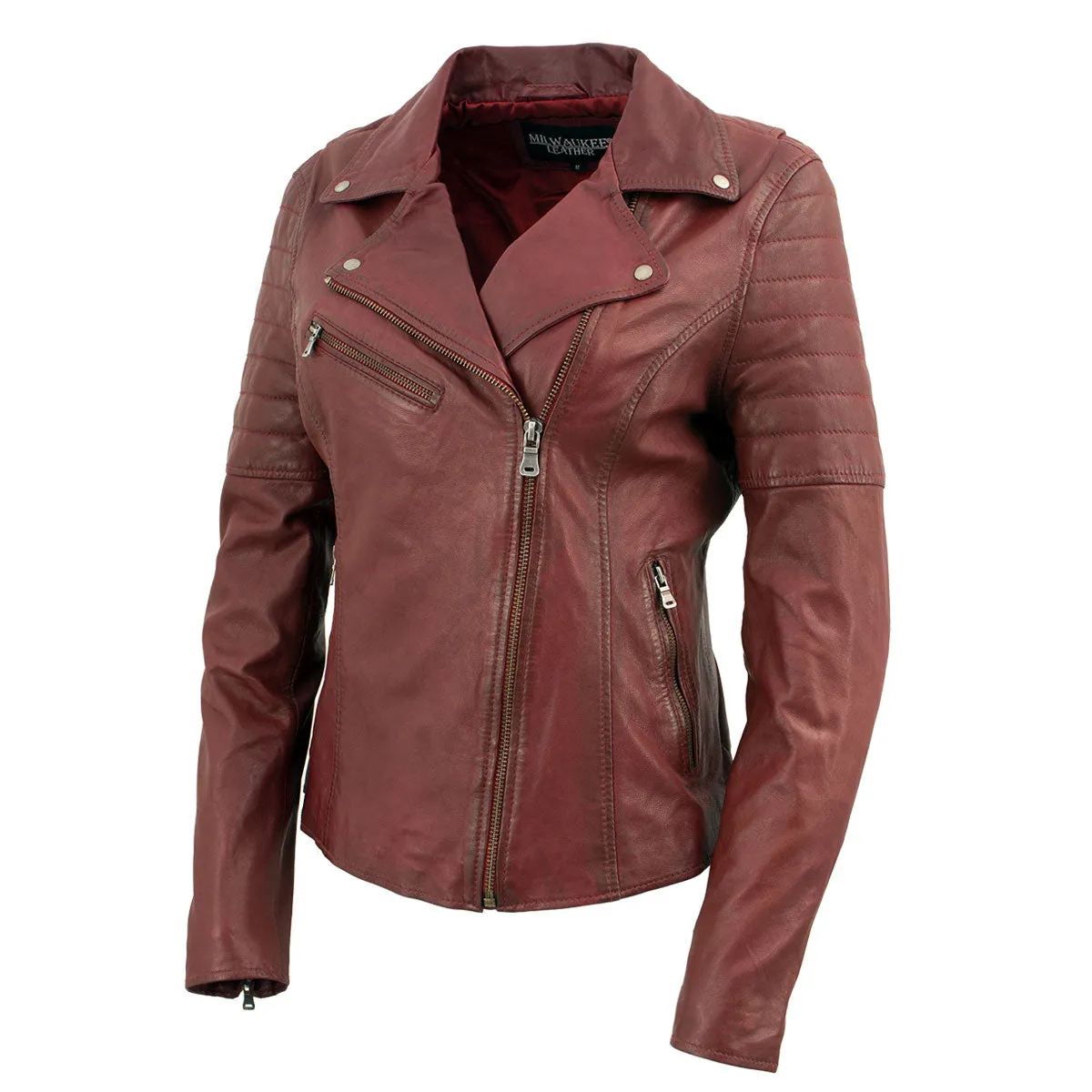 Milwaukee Leather Red Vintage Motorcycle Inspired Vegan Tan Fashion Leather Jacket for Women SFL2812