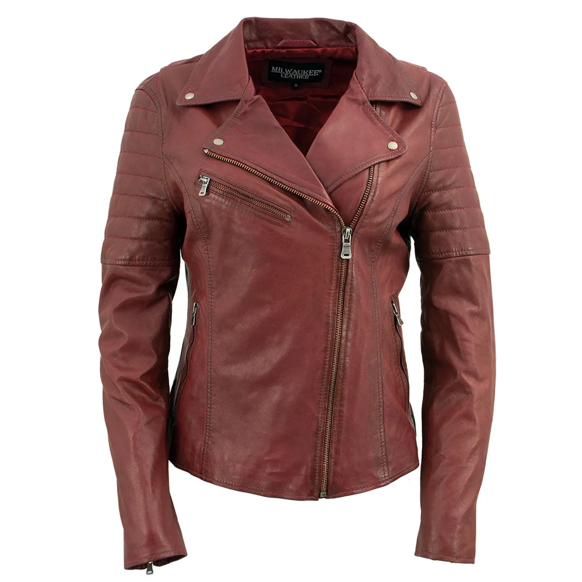 Milwaukee Leather Red Vintage Motorcycle Inspired Vegan Tan Fashion Leather Jacket for Women SFL2812