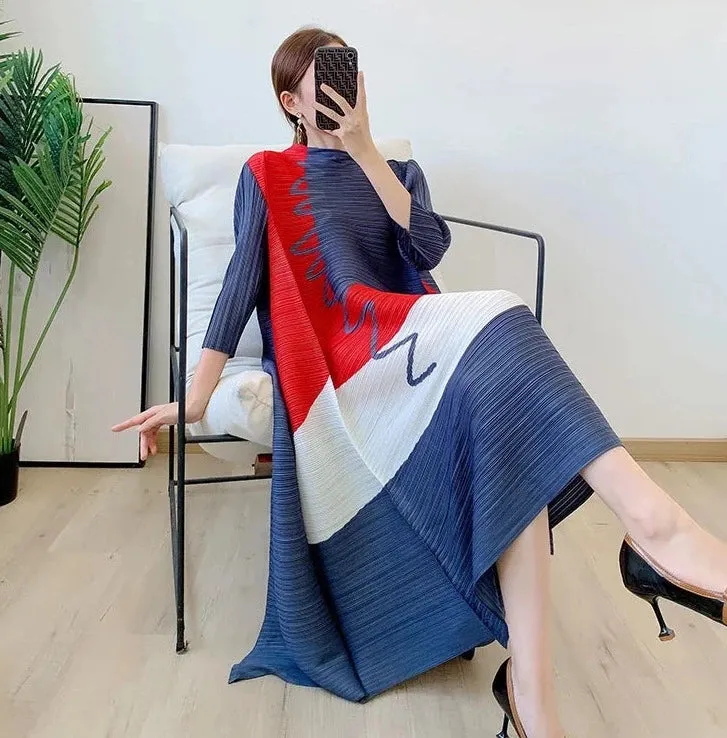 Miyake Pleated Color Block Three Quarter Sleeve Dress