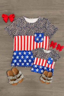 Mom & Me - Cheetah, Stars & Stripes Colorblock Sequin Top