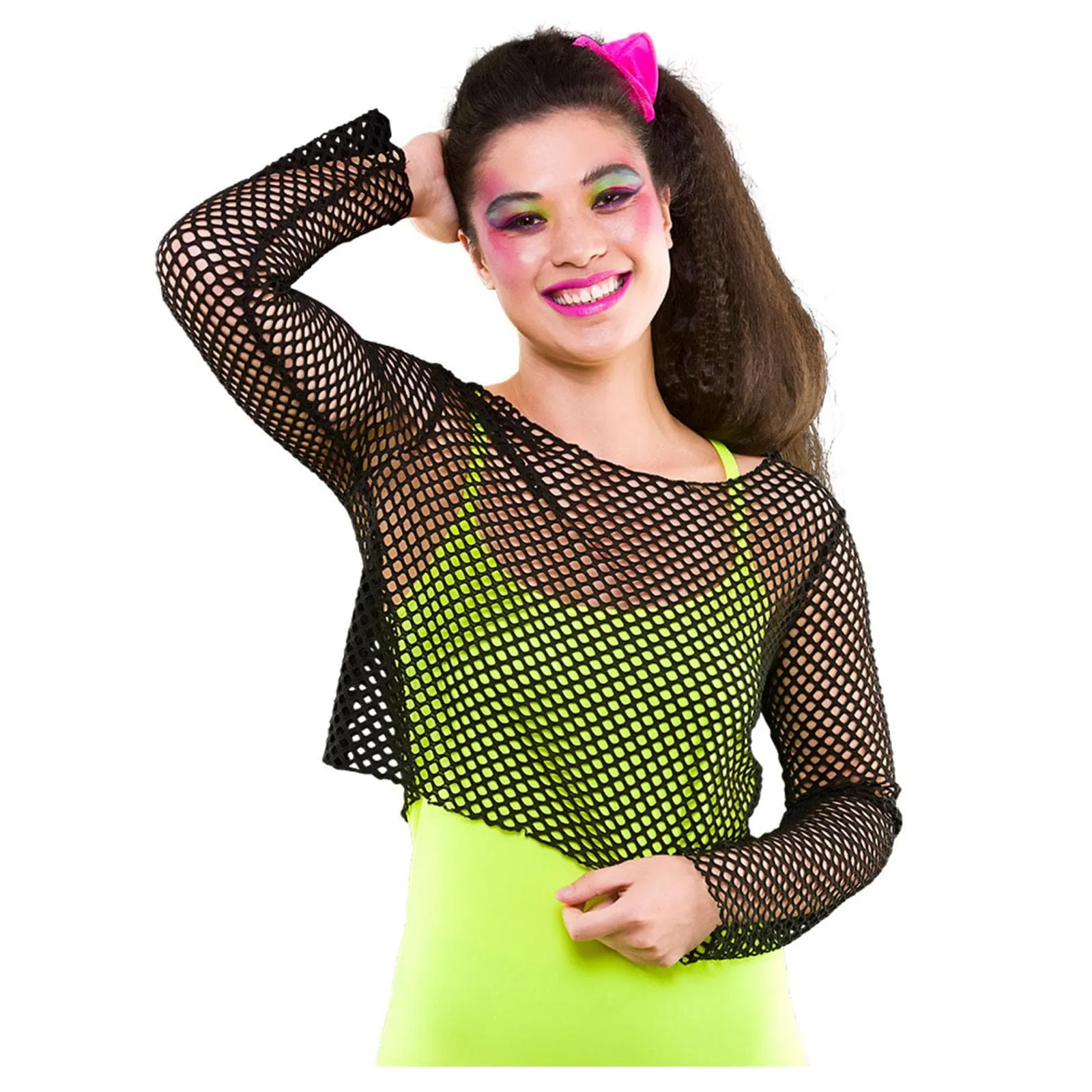 Neon Mesh Top Long Sleeve Retro 80s Fishnet Fancy Dress