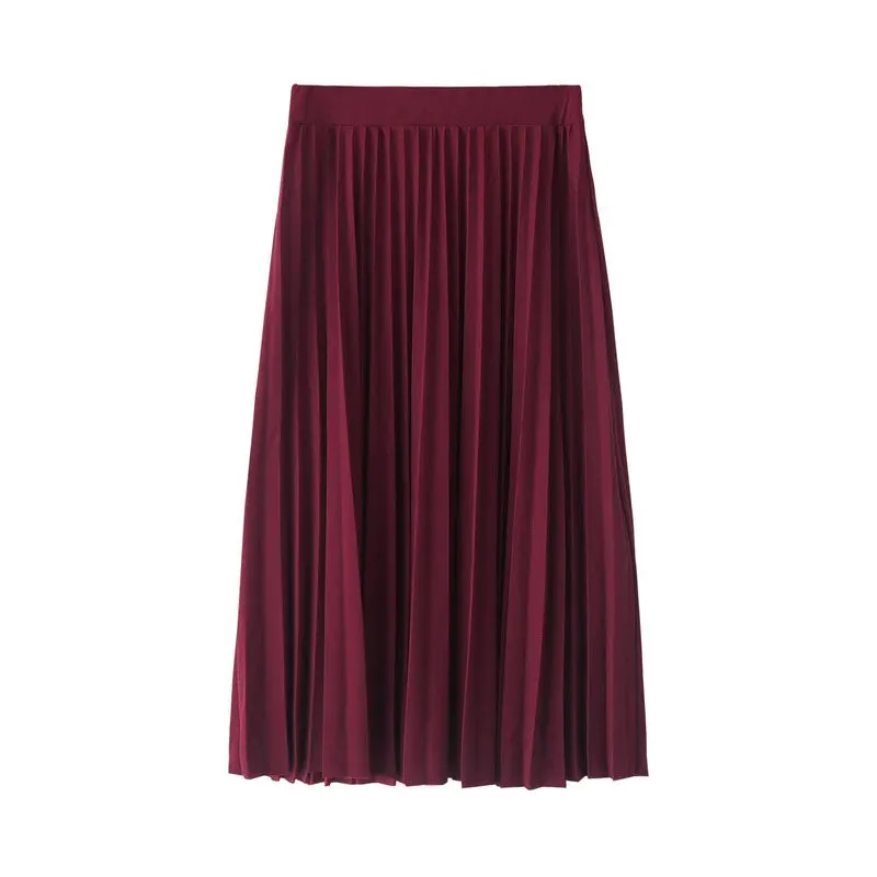 New Fashion Women's High Waist Pleated Solid Color Half Length Elastic Skirt Promotions Lady Black Pink