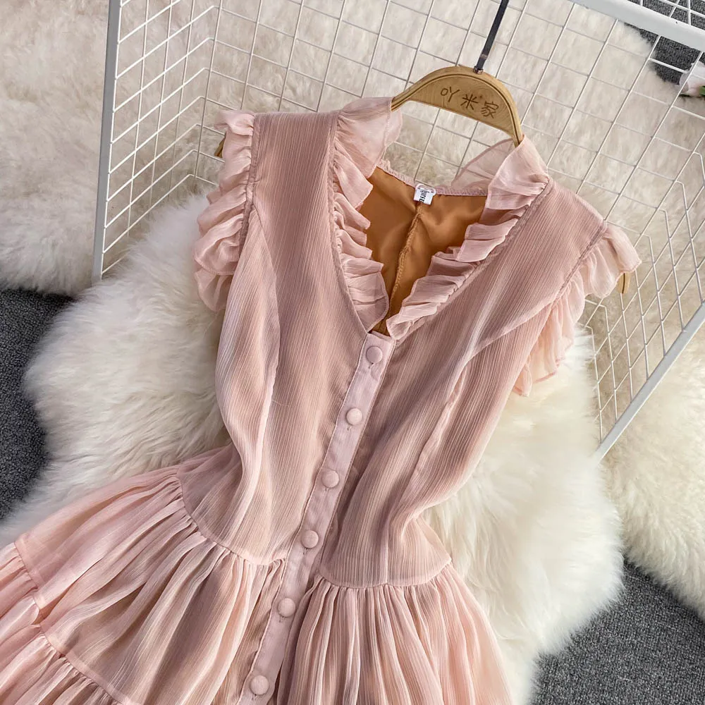 Pink v neck tulle short dress fashion dress   S334