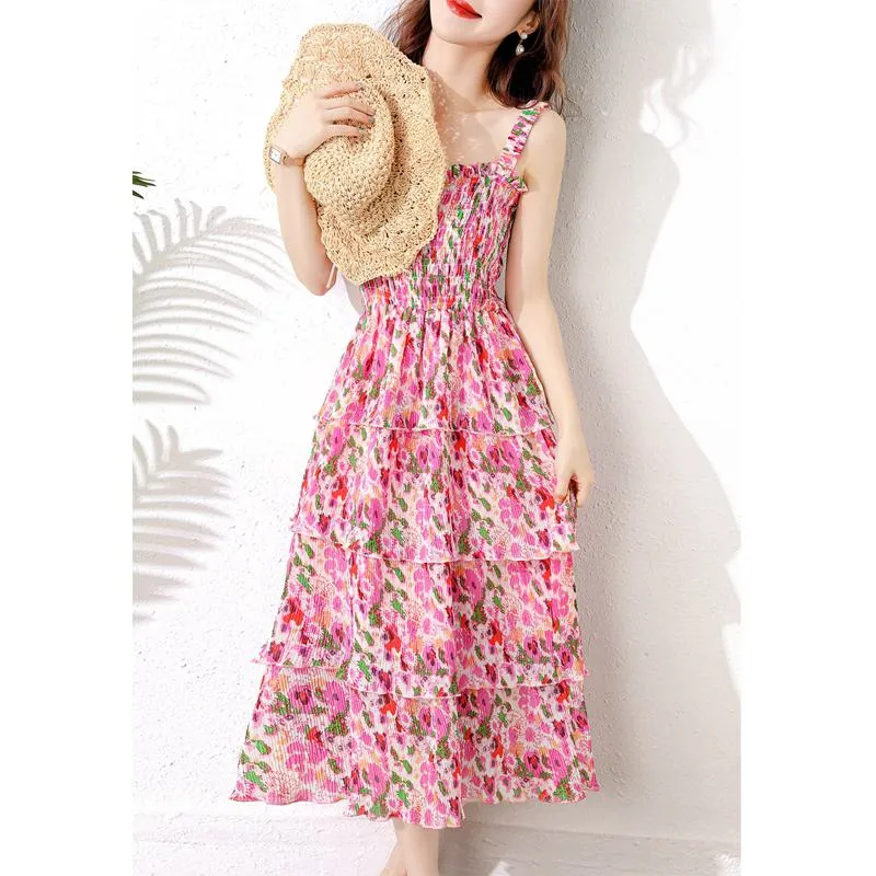 Pleated Vacation Niche Floral Print Multi-Layer Dress