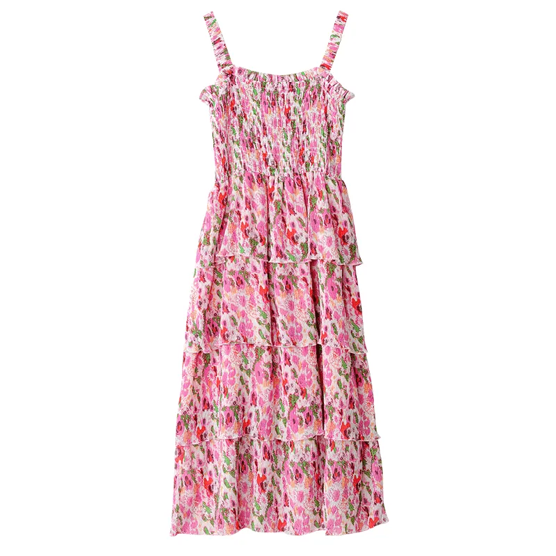 Pleated Vacation Niche Floral Print Multi-Layer Dress