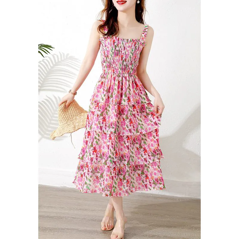 Pleated Vacation Niche Floral Print Multi-Layer Dress