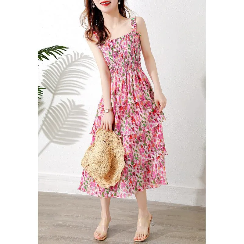 Pleated Vacation Niche Floral Print Multi-Layer Dress