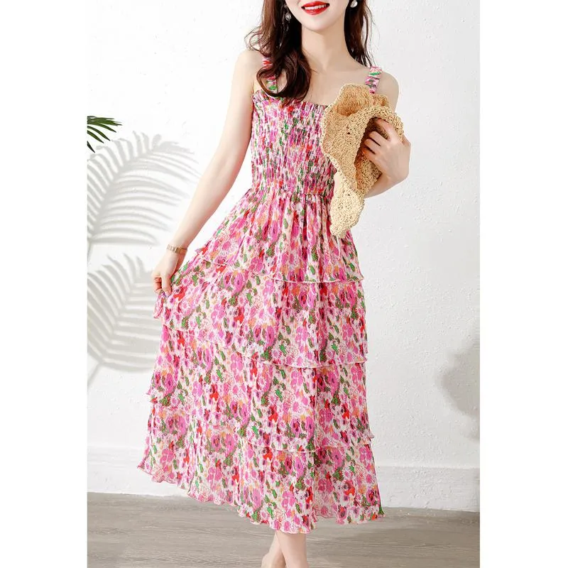 Pleated Vacation Niche Floral Print Multi-Layer Dress