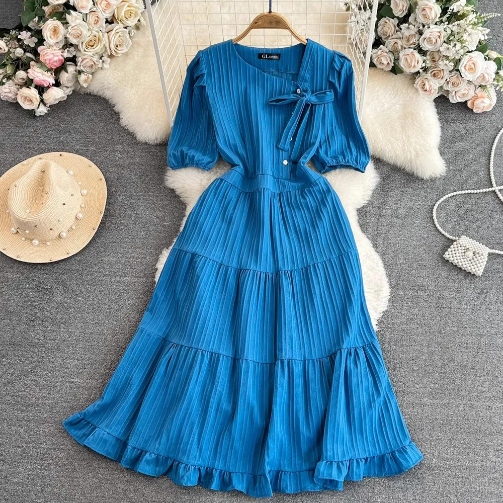 puffy short-sleeved mid-length A-line ruffle dress      S4331