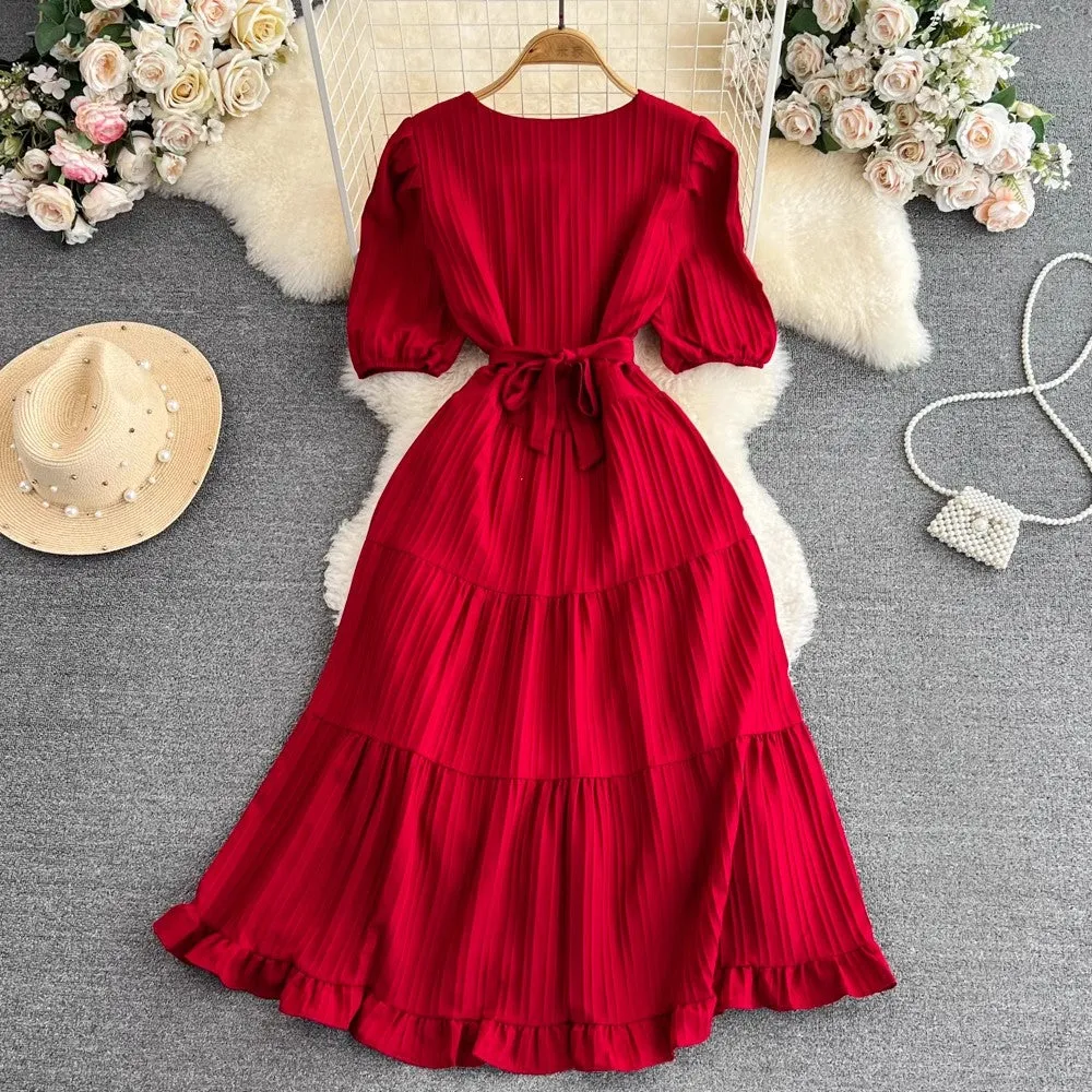 puffy short-sleeved mid-length A-line ruffle dress      S4331