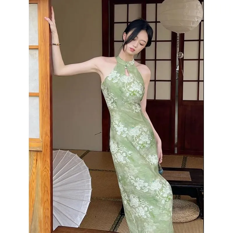 Qipao Split Slim-Fit Zen-Style Solid Slimming Cinched Waist Dress