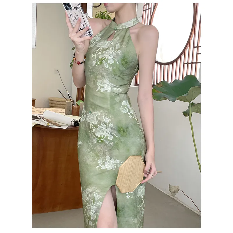 Qipao Split Slim-Fit Zen-Style Solid Slimming Cinched Waist Dress