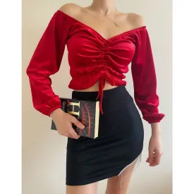 Red Pleated Velvet Blouse