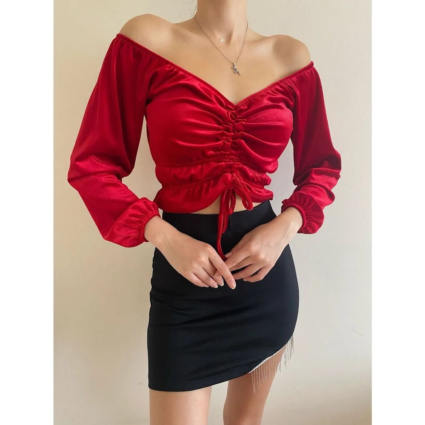 Red Pleated Velvet Blouse