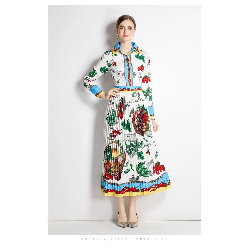 Retro Color Blocking Print Pleated Long Style Dress